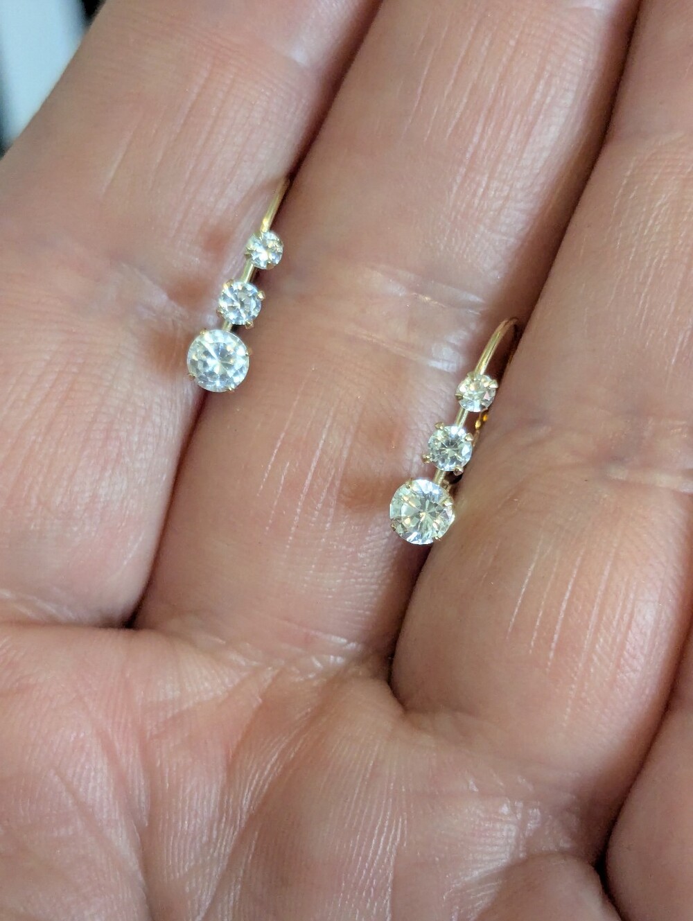 14k Yellow Gold 3 CZ Stone Diamond Simulant Drop Huggie Earrings - Picture 13 of 13
